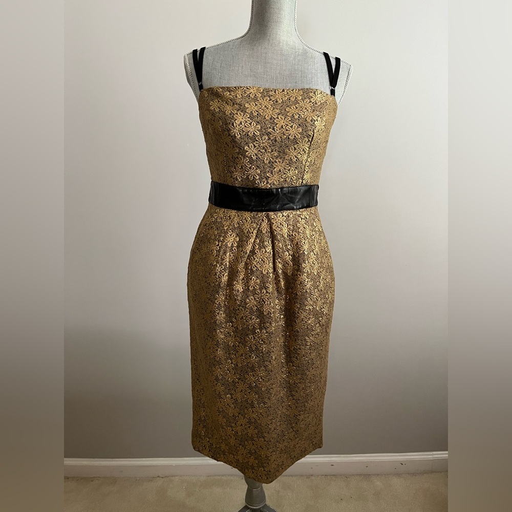 Dolce & Gabbana Gold Metallic Floral Dress with Black Trim - Italian 44 / US Med